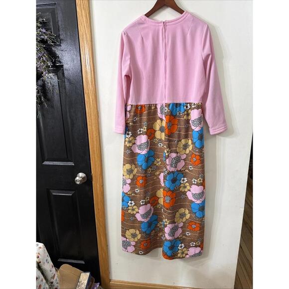 VTG 70s Sz 14 Pink Floral Maxi Dress High Waist Mod Retro Hippie Festival Garden - Picture 8 of 11